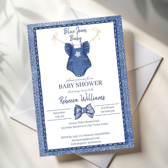 Invitation Vêtements de filles en jean bleu sur un baby showe (Blue jean girls clothes on a line baby shower invitation cards template preppy denim baby shower )