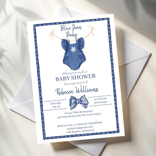 Invitation Vêtements de filles en jean bleu sur un baby showe (Blue jean girls clothes on a line  coquette bow baby shower invitation cards template)