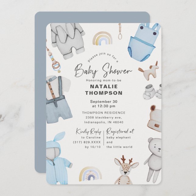 Invitation Vêtements et Jouets Bébé Bleu Filleul Baby Shower (Devant / Derrière)