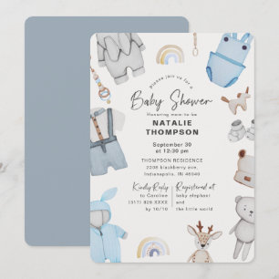 Invitation Vêtements et Jouets Bébé Bleu Filleul Baby Shower