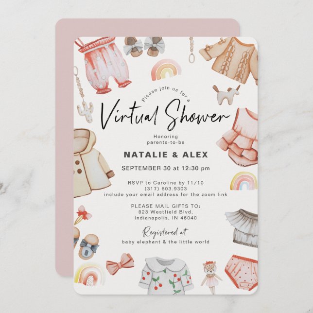 Invitation Vêtements et jouets pour bébés roses Baby shower v (Devant / Derrière)