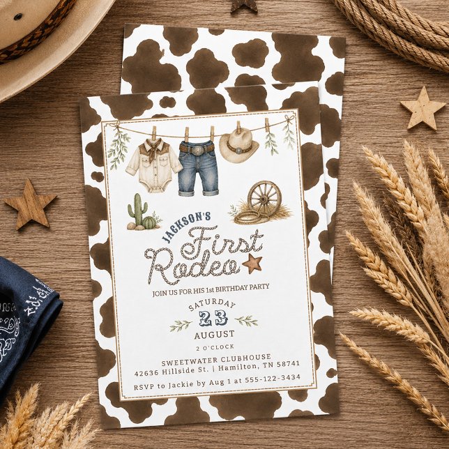 Invitation Vêtements mignons sur un fil Premier Rodéo Fête d' (Cute Clothesline First Rodeo 1st Birthday Party Invitation)