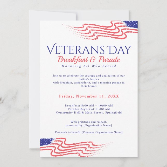 Invitation Veterans Day Breakfast Parade Patriotic (Devant)