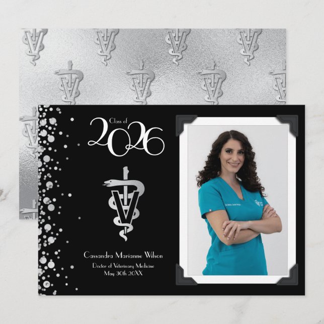 Invitation Veterinarian Graduation Black Silver Announcement (Devant / Derrière)