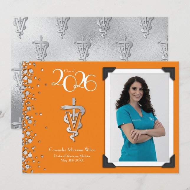 Invitation Veterinarian Graduation Orange Silver Announcement (Devant / Derrière)
