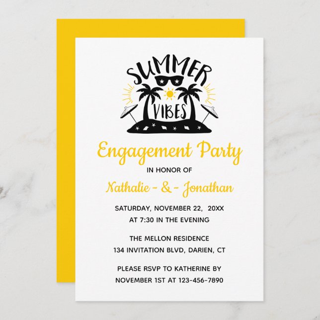Invitation Vibes d'été tropicales de la fête de l'engagement  (Devant / Derrière)