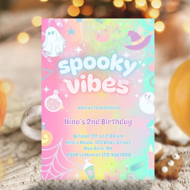 Invitation Vibes éffrayantes Cute rose Neon Pastel Halloween  (Pink neon birthday party, glow birthday party, glow halloween party, glow in the dark party, pastel )