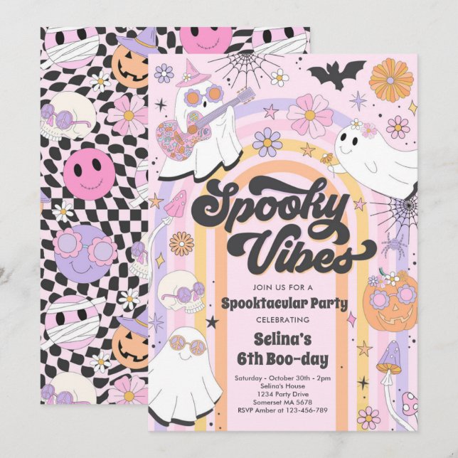 Invitation Vibes éffrayantes Halloween mignonne Fantôme Super (Devant / Derrière)