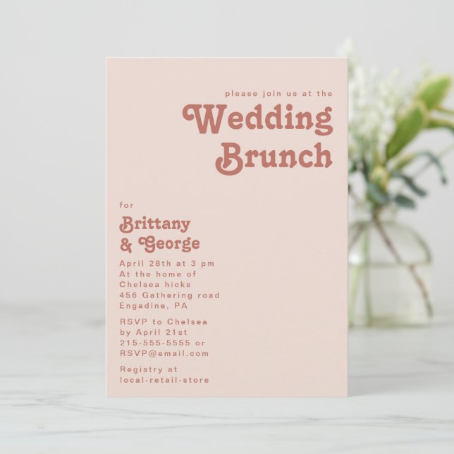 Invitation Vibes rétro simples | Brunch Mariage rose pâle (Debout devant)