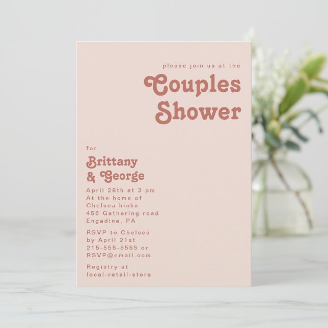 Invitation Vibes rétro simples | Douche Couples Roses Vives (Debout devant)
