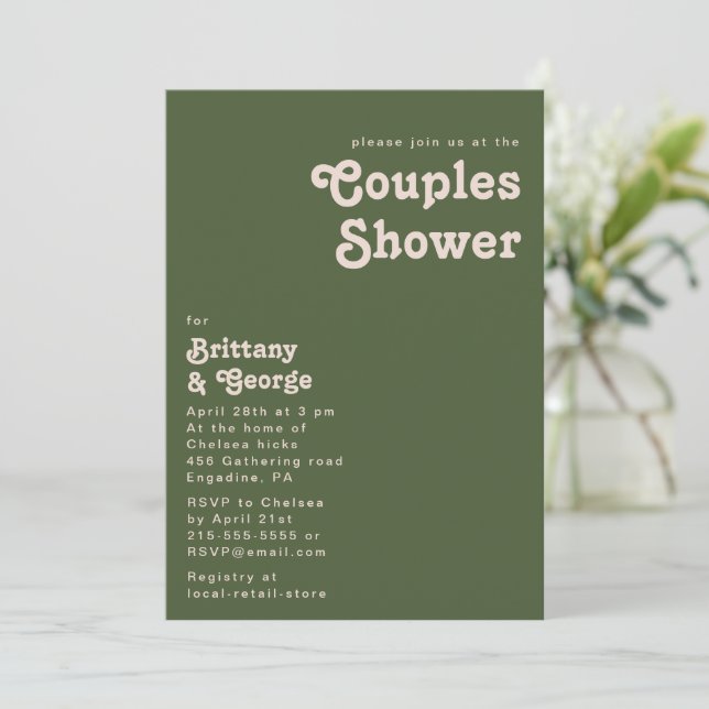 Invitation Vibes rétro simples | Douche Couples vert olive (Debout devant)