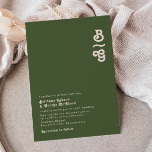 Invitation Vibes rétro simples   Mariage de monogramme vert o