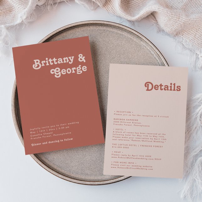 Invitation Vibes rétro simples | Vieux Rose tout en un Mariag (Créateur téléchargé)