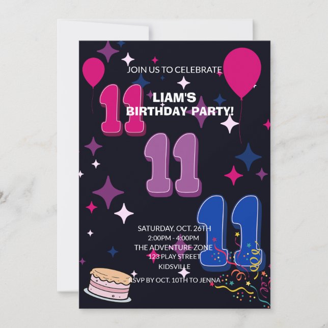 Invitation Vibrant 11th Birthday | Pink Blue Confetti (Devant)