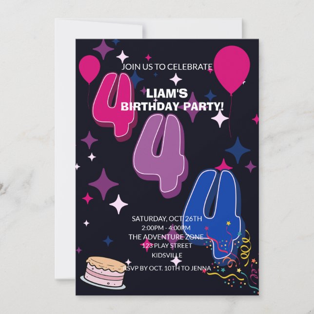Invitation Vibrant 4th Birthday | Pink Blue Confetti (Devant)