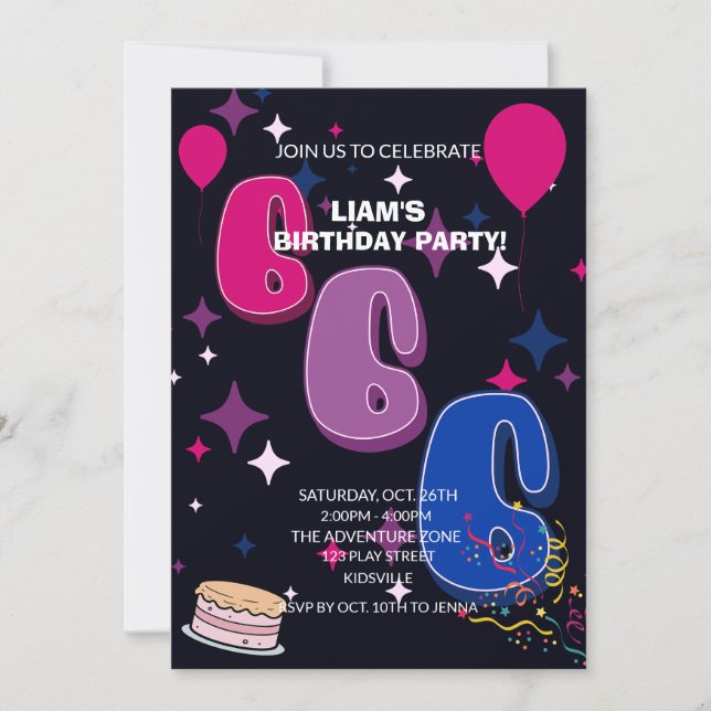 Invitation Vibrant 6th Birthday | Pink Blue Confetti (Devant)