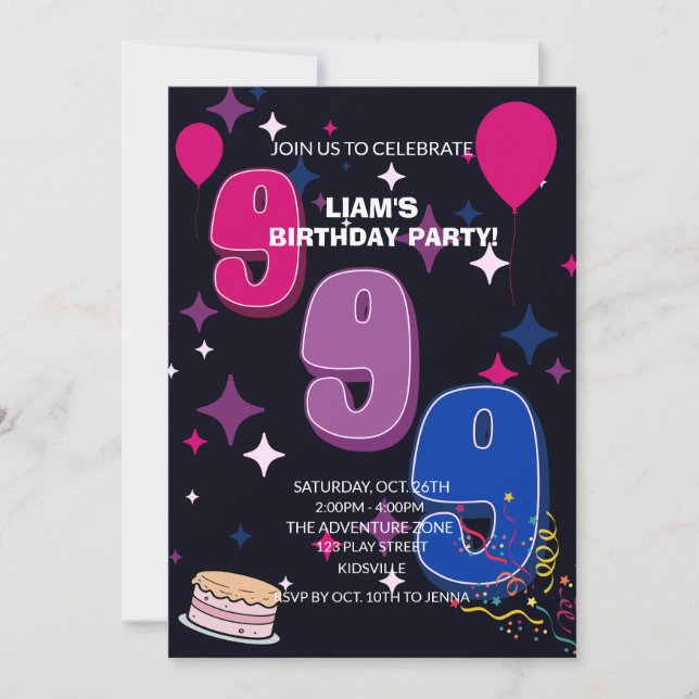 Invitation Vibrant 9e Anniversaire  | Confettis Rose Bleu (Devant)