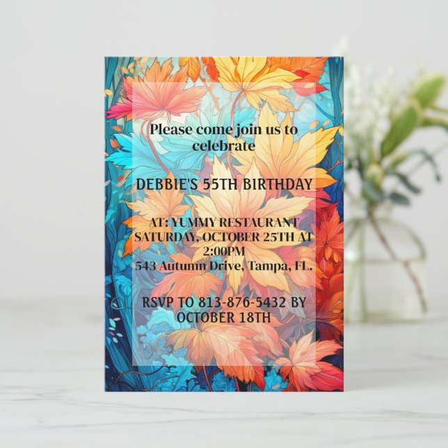 Invitation Vibrant Abstrait Automne Feuilles Design Anniversa (Debout devant)