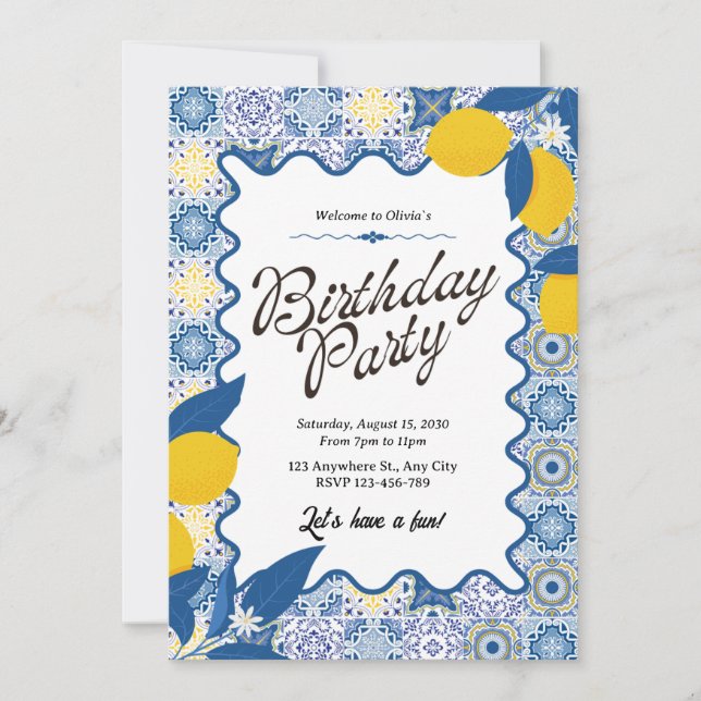 Invitation Vibrant Anniversaire Méditerranéen Citron & Bleu (Devant)
