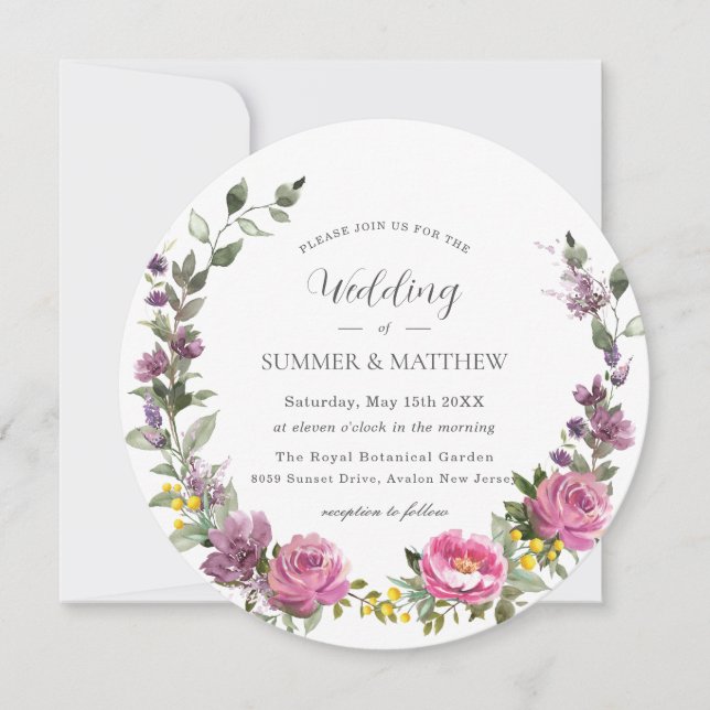 Invitation Vibrant Boho Magenta rose violet Mariage floral (Devant)
