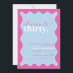 Invitation Vibrant Cheers à la 30ème fête d'anniversaire<br><div class="desc">Cette vibrante invitation à la fête du 30e anniversaire est parfaite pour une fête d'anniversaire moderne. Le design simple est doté d'un arrière - plan contemporain bleu ciel avec une bordure ondulée. Personnalisable dans n'importe quelle couleur. Gardez le design minimal et élégant, en l'état, ou personnalisez-le en ajoutant vos propres...</div>