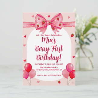 Invitation Vibrant Coquette Ruban Fraise Anniversaire 1 an Be