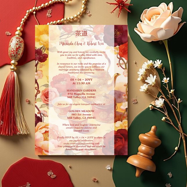 Invitation Vibrant Floral Chinese Tea Ceremony Wedding (Colorful Chinese Tea Ceremony Wedding Invitation Cadrs.)
