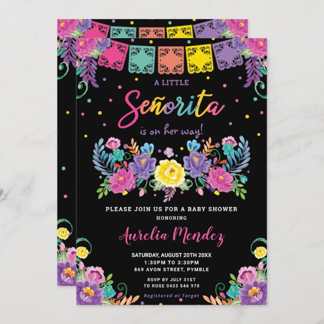 Invitation Vibrant Floral mexicain Señorita Baby shower fille (Devant / Derrière)