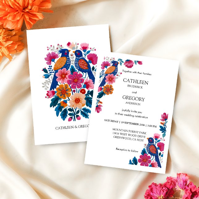 Invitation Vibrant Folk Art Floral Birds Wedding (Créateur téléchargé)