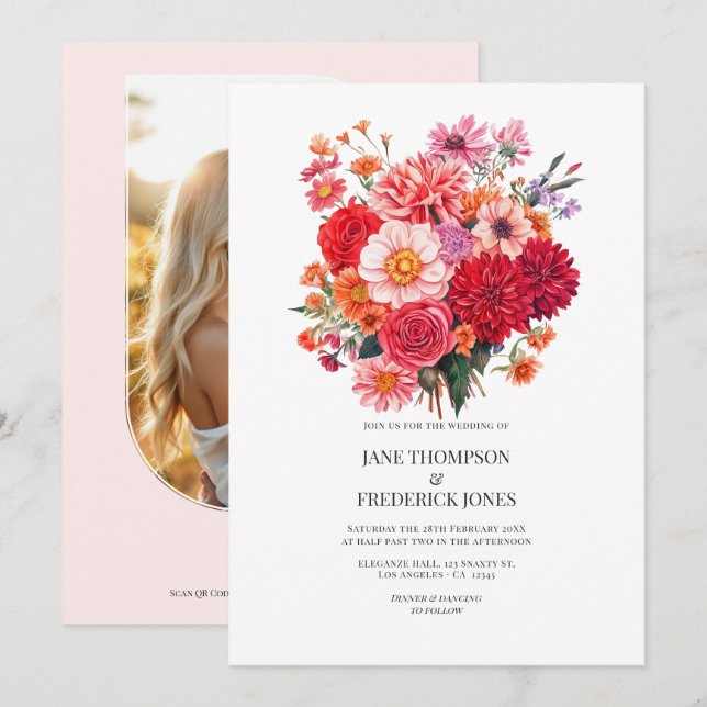 Invitation Vibrant Fuchsia and Coral Floral Wedding QR Code (Devant / Derrière)