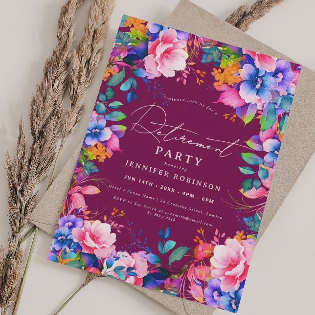 Invitation Vibrant Jardin Floral Retraite Party Magenta (Vibrant Garden Floral Retirement Party Magenta Invitation)