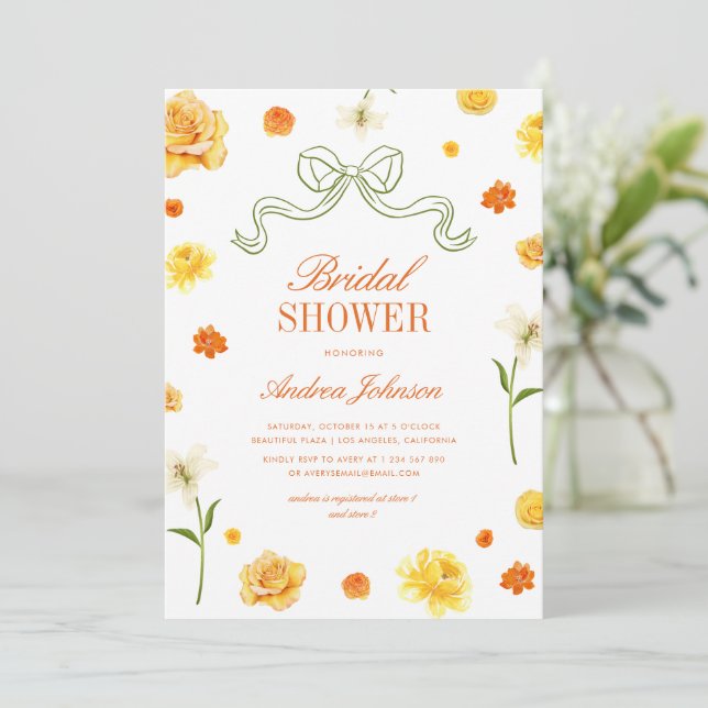 Invitation Vibrant Jaune Orange Fleurs Ruban Mariage (Debout devant)