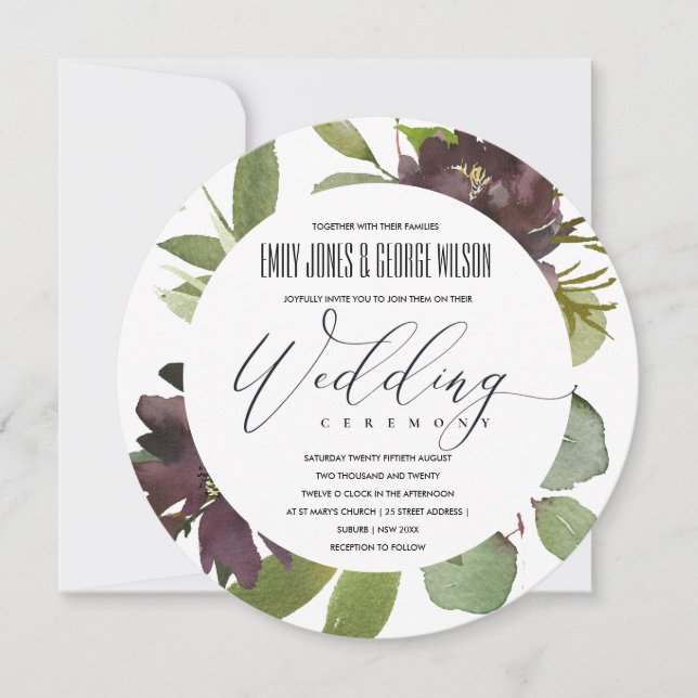 INVITATION VIBRANT MAROON GREEN BLOOM FOLIAGE MARIAGE BUNCH (Devant)