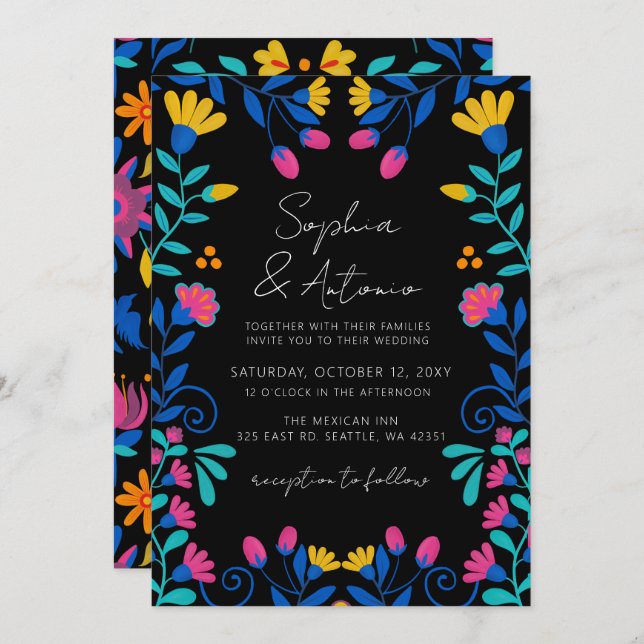 Invitation Vibrant mexicain Floral Fiesta Mariage (Devant / Derrière)