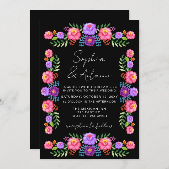 Invitation Vibrant Mexican Floral Fiesta Wedding (Devant / Derrière)