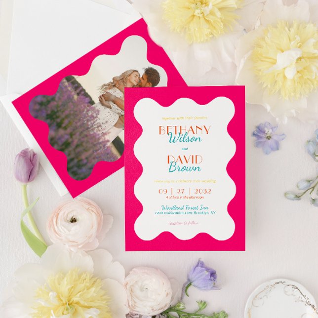 Invitation Vibrant moderne Magenta Turquoise Vague Mariage ph (Créateur téléchargé)