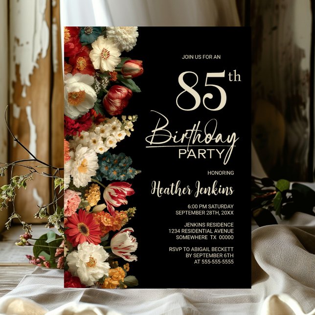 Invitation Vibrant Moody Floral Black 85th Birthday Party (Créateur téléchargé)