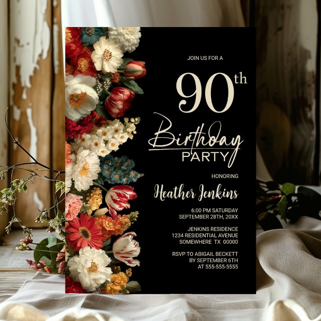 Invitation Vibrant Moody Floral Black 90th Birthday Party (Créateur téléchargé)