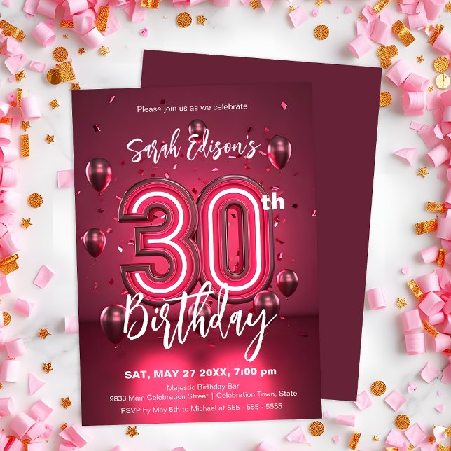 Invitation Vibrant Neon rose 30e anniversaire avec ballons (Créateur téléchargé)