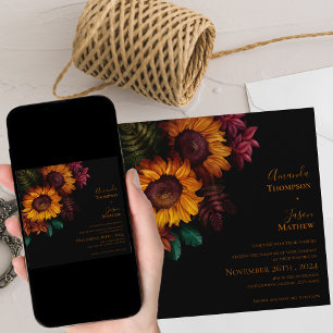 Invitation Vibrant Noir Brûlé Orange Floral Moderne Mariage