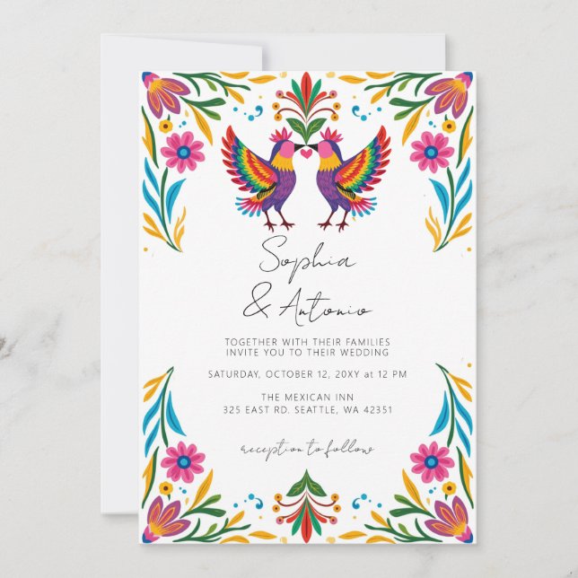 Invitation Vibrant Oiseaux mexicains Otomi Floral Fiesta Mari (Devant)