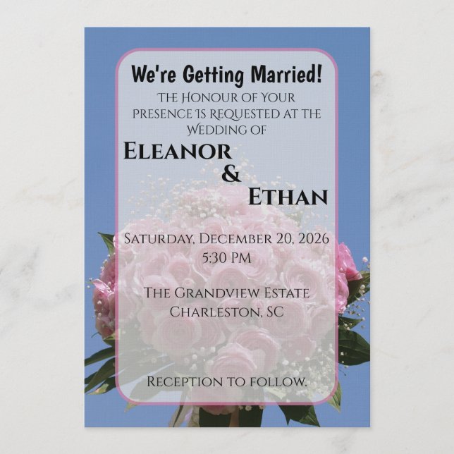 Invitation Vibrant Pink Rose Bouquet & Blue Sky Summer  (Devant)