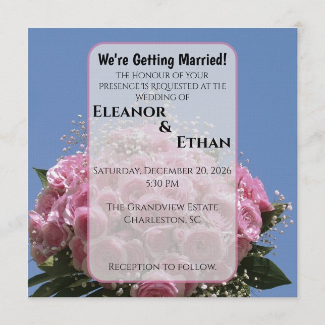 Invitation Vibrant Pink Rose Bouquet & Blue Sky Summer  (Devant)