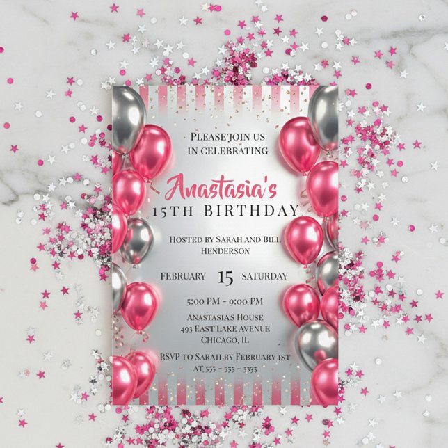 Invitation Vibrant Pink Silver Balloons Glitter 15th Birthday (Créateur téléchargé)