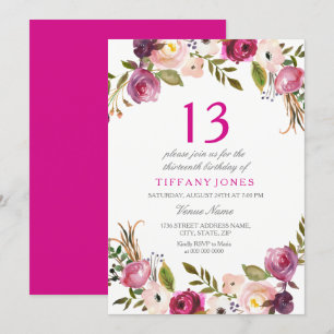Invitation Vibrant rose botanique floral 13e anniversaire Inv