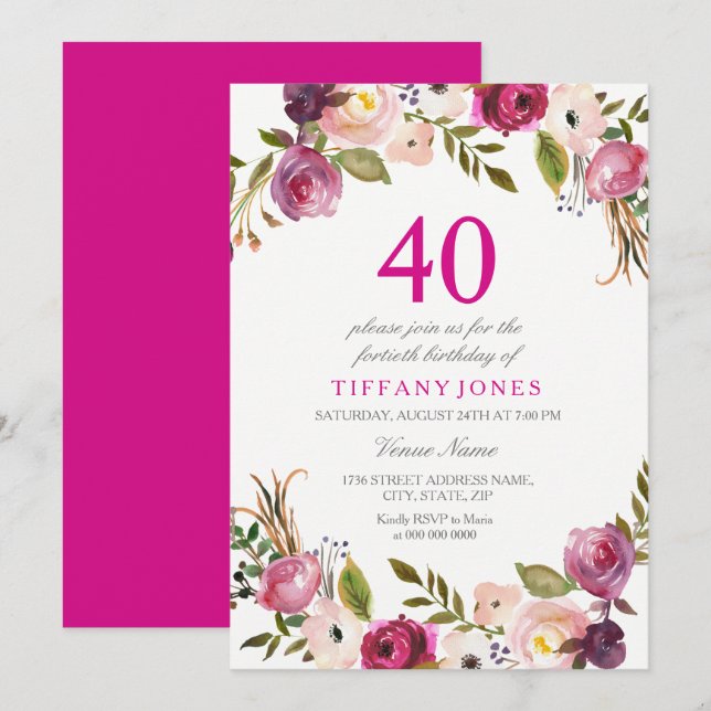 Invitation Vibrant rose botanique floral 40e anniversaire Inv (Devant / Derrière)