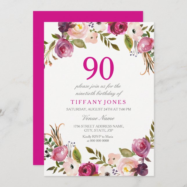 Invitation Vibrant rose botanique floral 90e anniversaire Inv (Devant / Derrière)
