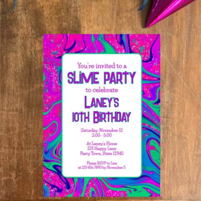 Invitation Vibrant rose Turquoise Super Anniversaire Slime Pa (Customize this unique trendy invitation for a fun slime birthday party. Groovy swirled pink and teal)