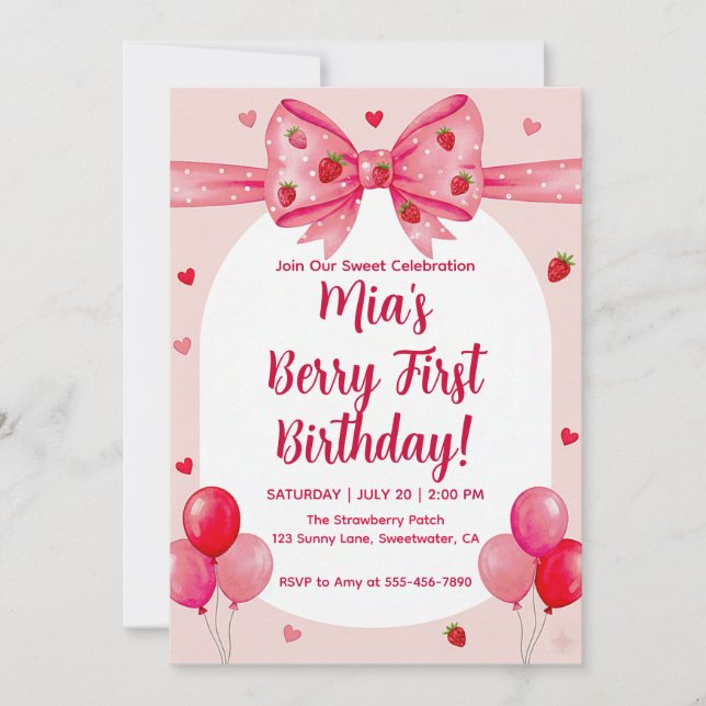 Invitation Vibrant Strawberry Coquette Bow Berry 1st Birthday (Devant)