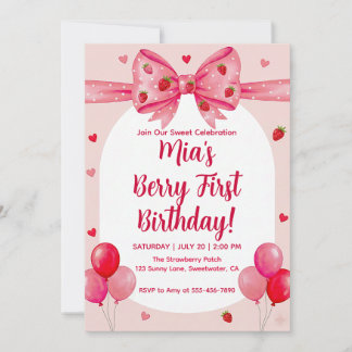 Invitation Vibrant Strawberry Coquette Bow Berry First Birthd